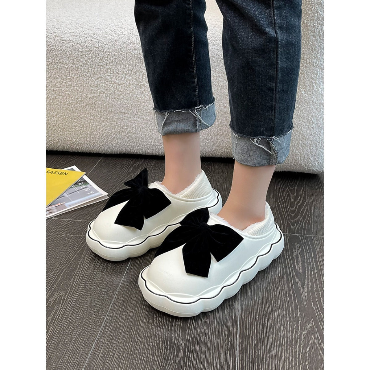 Cotton Slippers Fleece Indoor Home Waterproof Bow Cotton Slippers Outside In Winter