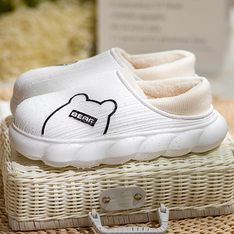 Waterproof Cotton Slippers Women's Autumn and Winter Outer Wear Fleece-Lined Thermal Indoor Non-Slip Home Platform Cotton Shoes Men's Stain-Resistant