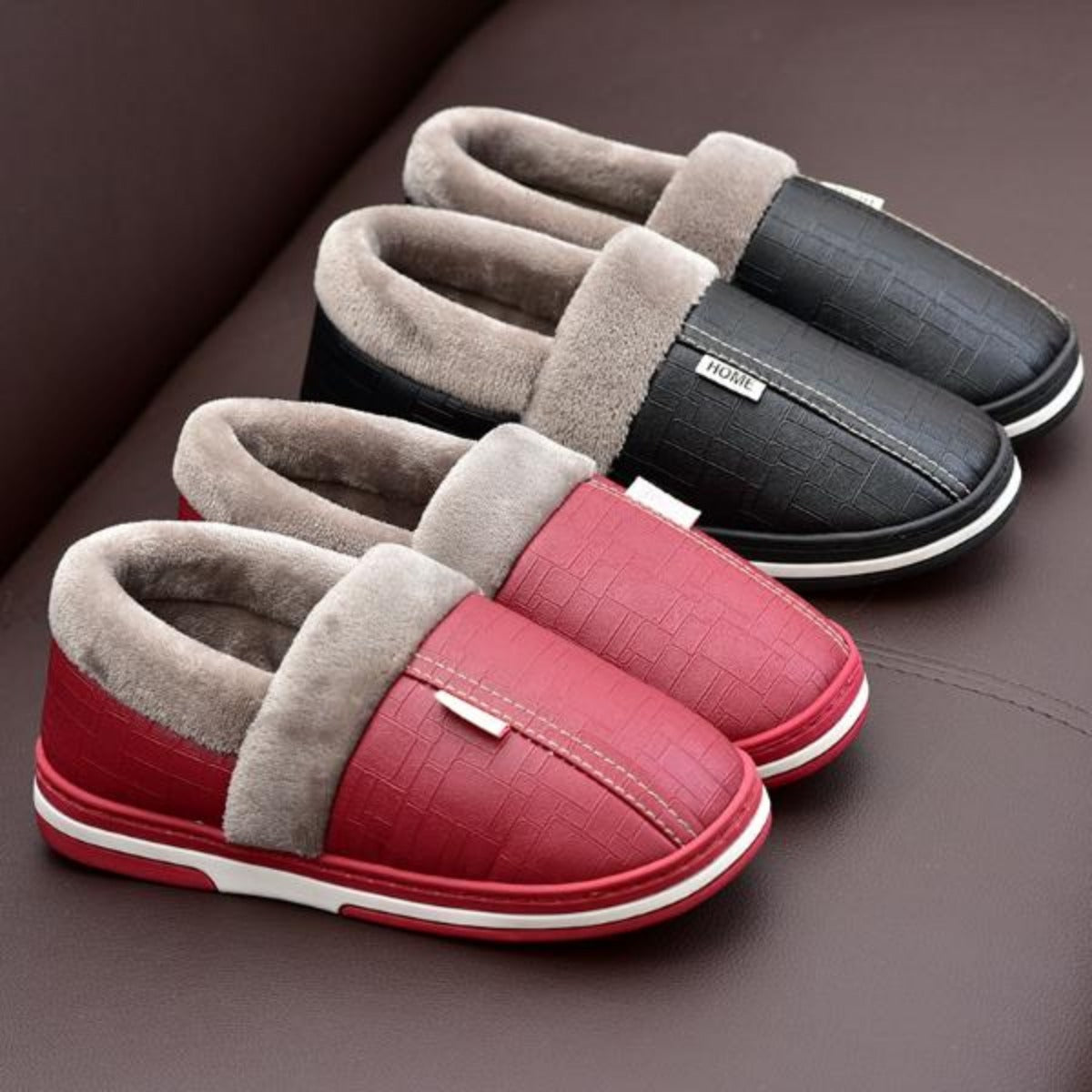 Winter Cotton Slippers Women's Bag with Couple Home Indoor Home Waterproof Non-Slip PU Leather Confinement Shoes Men's Warm Slugged Bottom