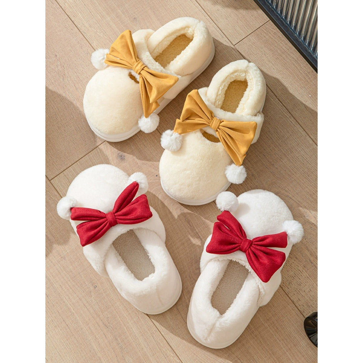 Bowknot Cotton Slippers for Women Autumn and Winter 2023 New Indoor Home Cute Warm Slugged Bottom Plush Cotton Slippers