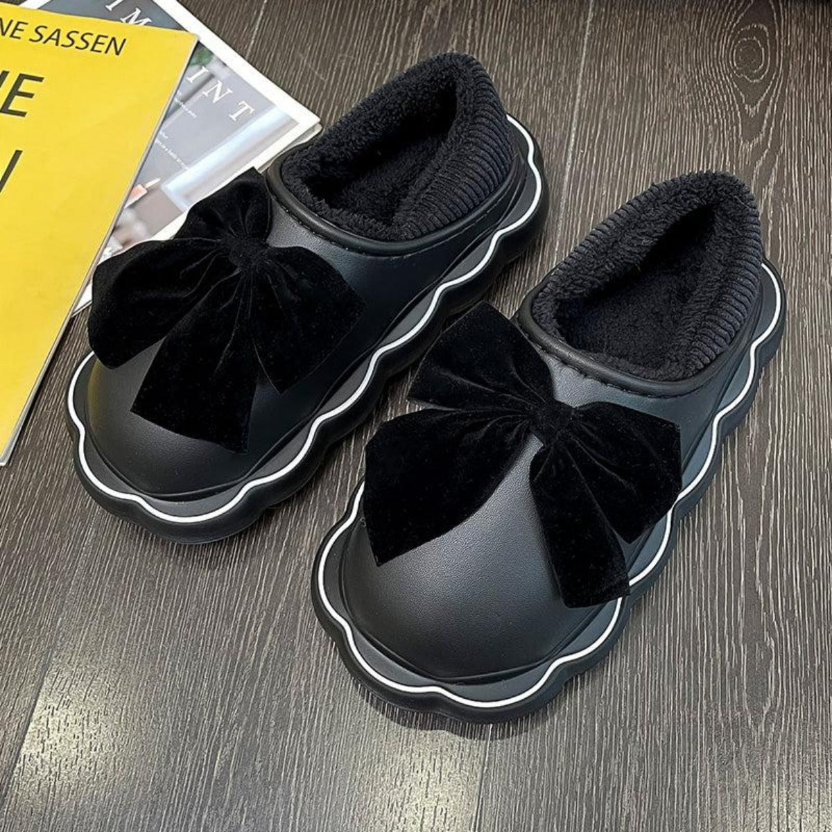 Cotton Slippers Fleece Indoor Home Waterproof Bow Cotton Slippers Outside In Winter