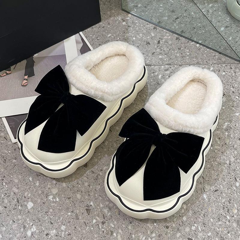 Cotton Slippers Women Wear Fleece Indoor Home Waterproof Bow Cotton Shoes Outside In Winter