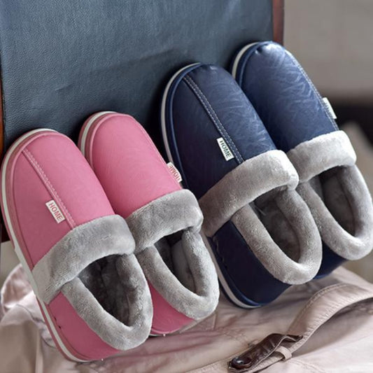 Winter Cotton Slippers Women's Bag with Couple Home Indoor Home Waterproof Non-Slip PU Leather Confinement Shoes Men's Warm Slugged Bottom