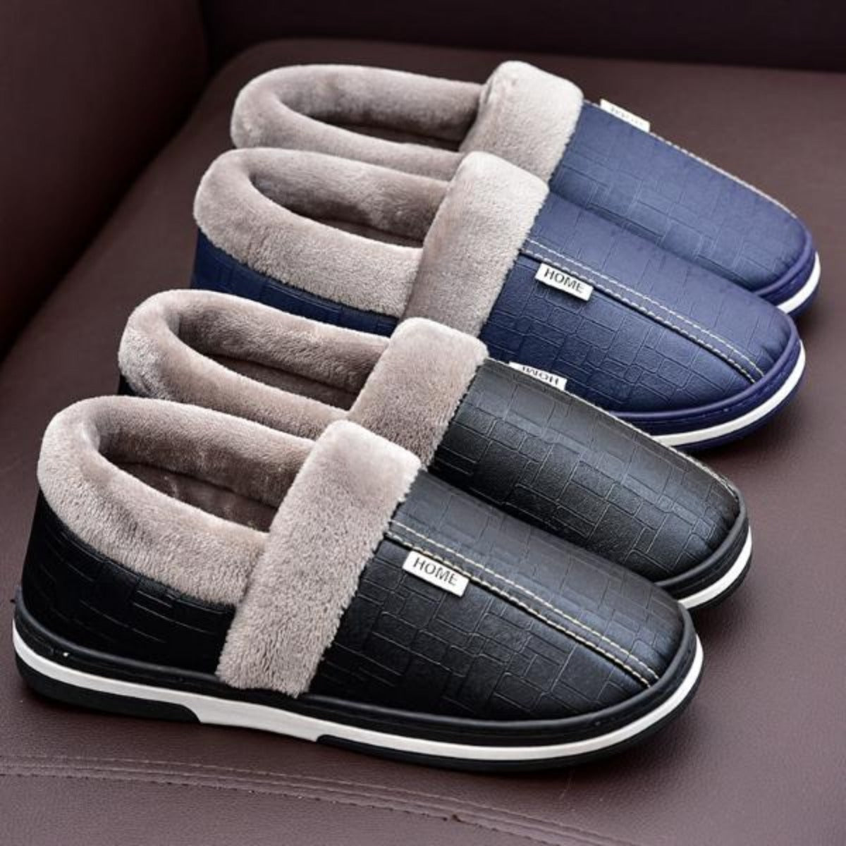 Winter Cotton Slippers Women's Bag with Couple Home Indoor Home Waterproof Non-Slip PU Leather Confinement Shoes Men's Warm Slugged Bottom