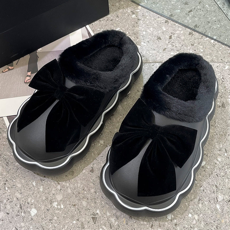 Cotton Slippers Female Winter Wear Platform Bow Indoor Home Plush Cotton Slippers Cotton Slippers