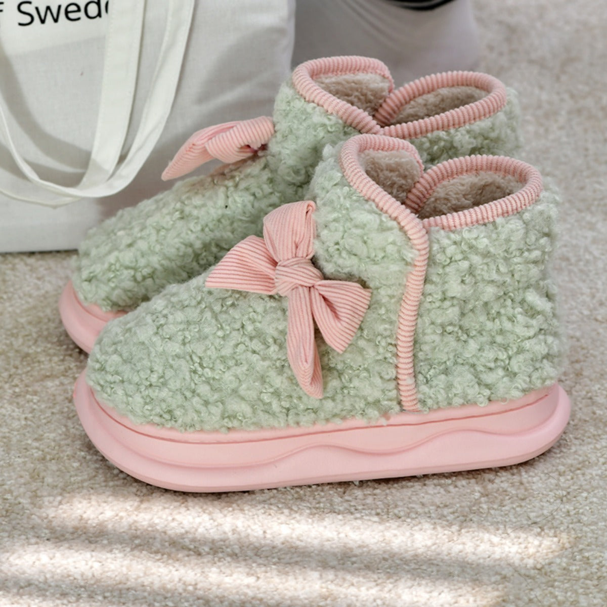 Bow Plush Cotton Slippers Women's Winter Home Indoor Warm High-Top Cute Platform Cotton Shoes Winter