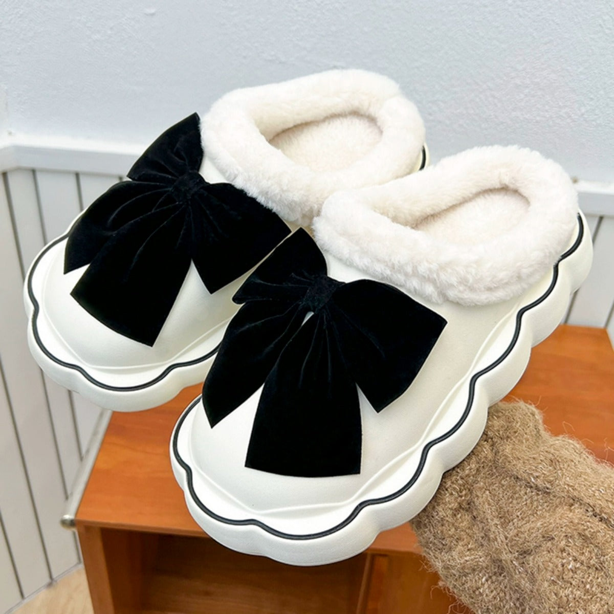 Cotton Slippers Female Winter Wear Platform Bow Indoor Home Plush Cotton Slippers Cotton Slippers