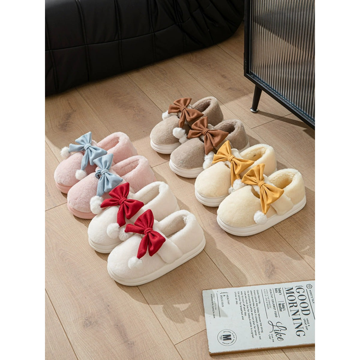 Bowknot Cotton Slippers for Women Autumn and Winter 2023 New Indoor Home Cute Warm Slugged Bottom Plush Cotton Slippers