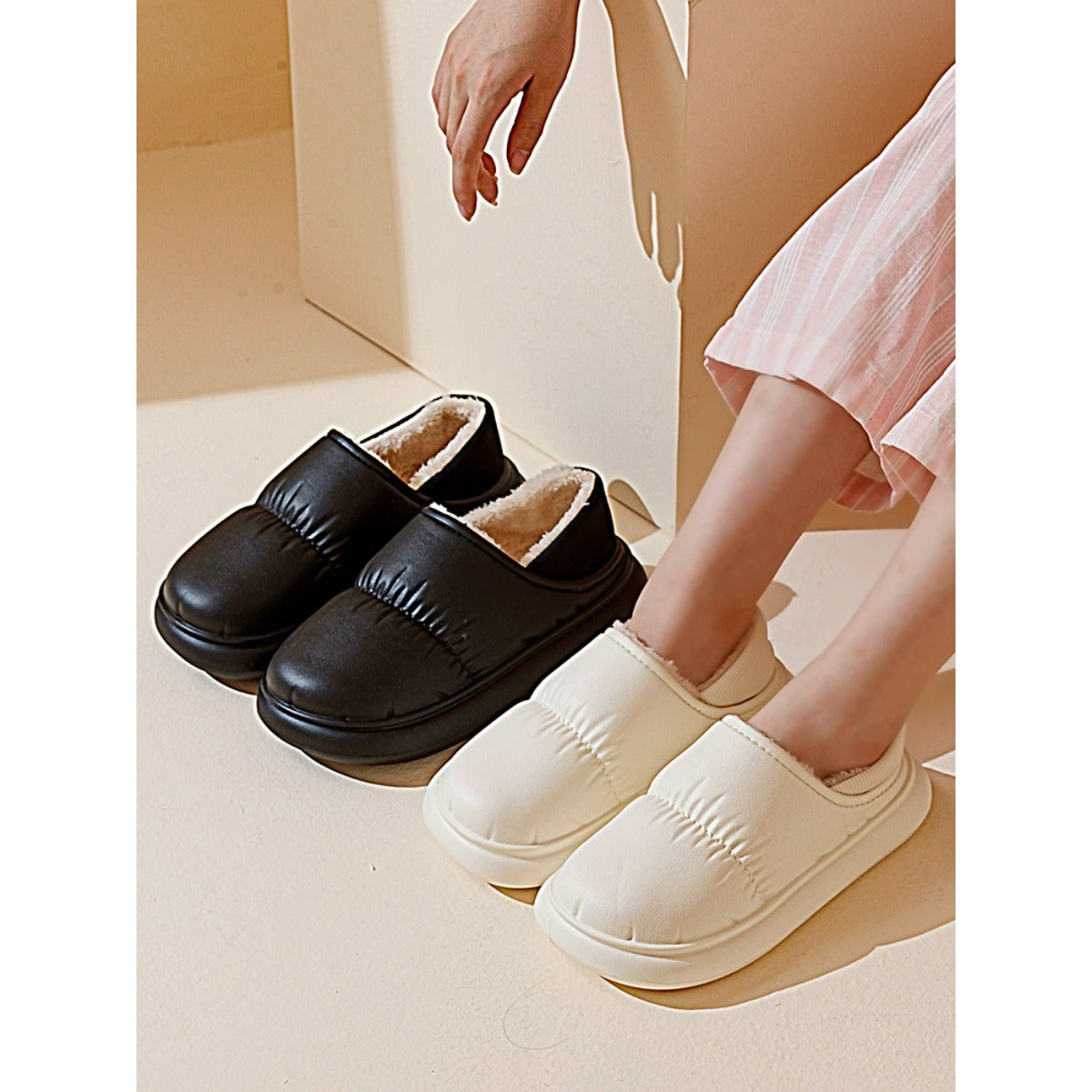 Cotton Slippers Can Worn Externally in Autumn Winter Plush Interior Thick Soles Warmth Waterproof Anti Slip Slippers