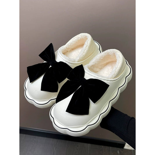 Cotton Slippers Women Wear Fleece Indoor Home Waterproof Bow Cotton Shoes Outside In Winter