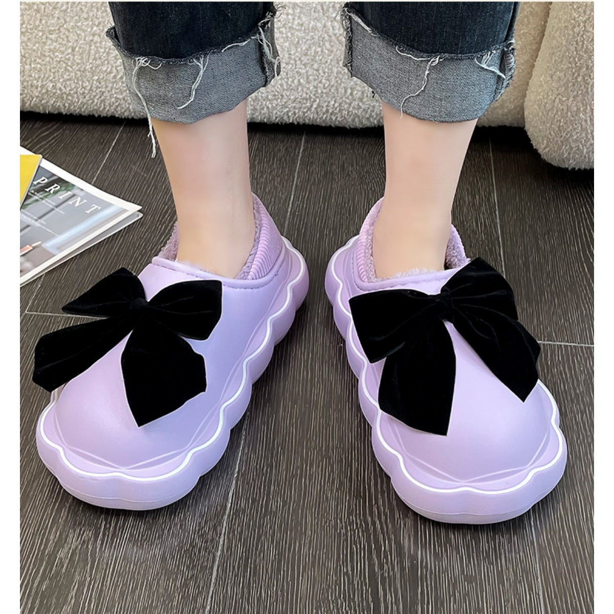 Cotton Slippers Women Wear Fleece Indoor Home Waterproof Bow Cotton Shoes Outside In Winter