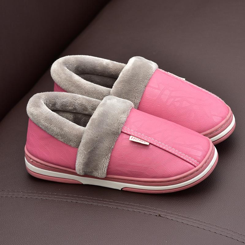 Winter Cotton Slippers Women's Bag with Couple Home Indoor Home Waterproof Non-Slip PU Leather Confinement Shoes Men's Warm Slugged Bottom