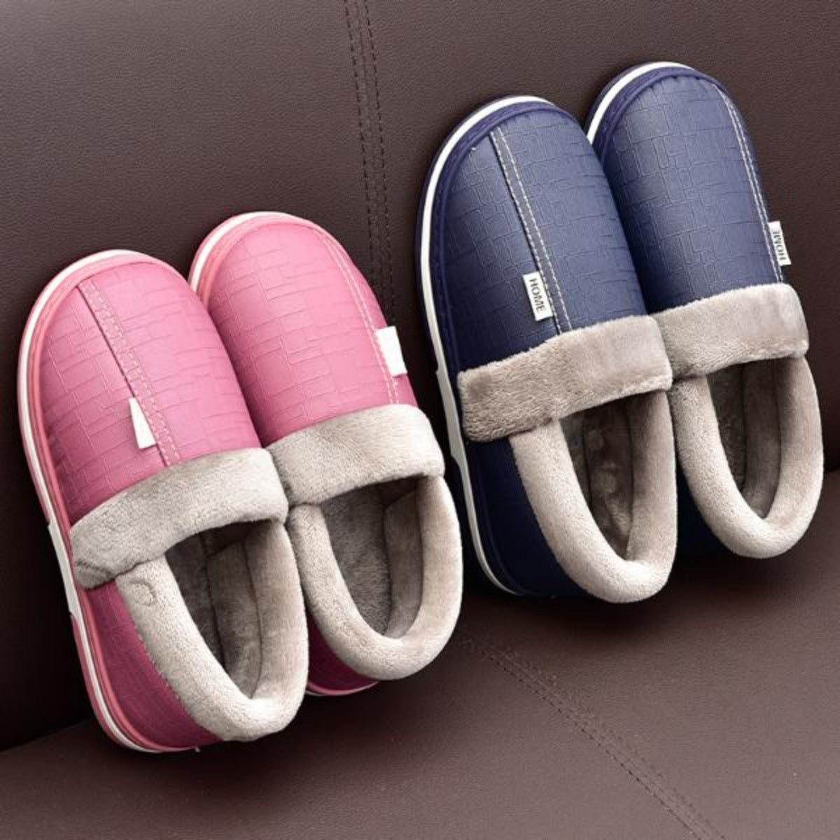 Winter Cotton Slippers Women's Bag with Couple Home Indoor Home Waterproof Non-Slip PU Leather Confinement Shoes Men's Warm Slugged Bottom