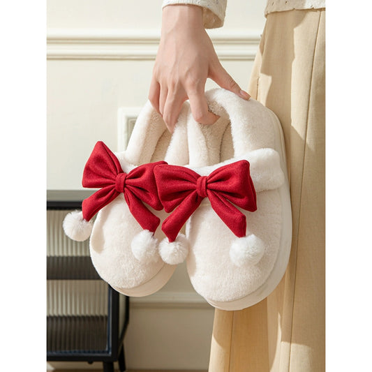 Bowknot Cotton Slippers for Women Autumn and Winter 2023 New Indoor Home Cute Warm Slugged Bottom Plush Cotton Slippers