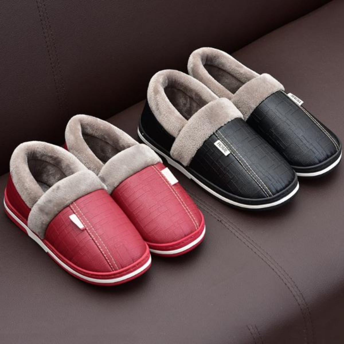 Winter Cotton Slippers Women's Bag with Couple Home Indoor Home Waterproof Non-Slip PU Leather Confinement Shoes Men's Warm Slugged Bottom