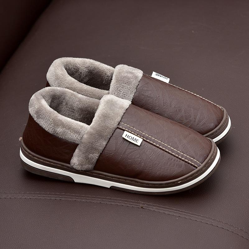 Winter Cotton Slippers Women's Bag with Couple Home Indoor Home Waterproof Non-Slip PU Leather Confinement Shoes Men's Warm Slugged Bottom