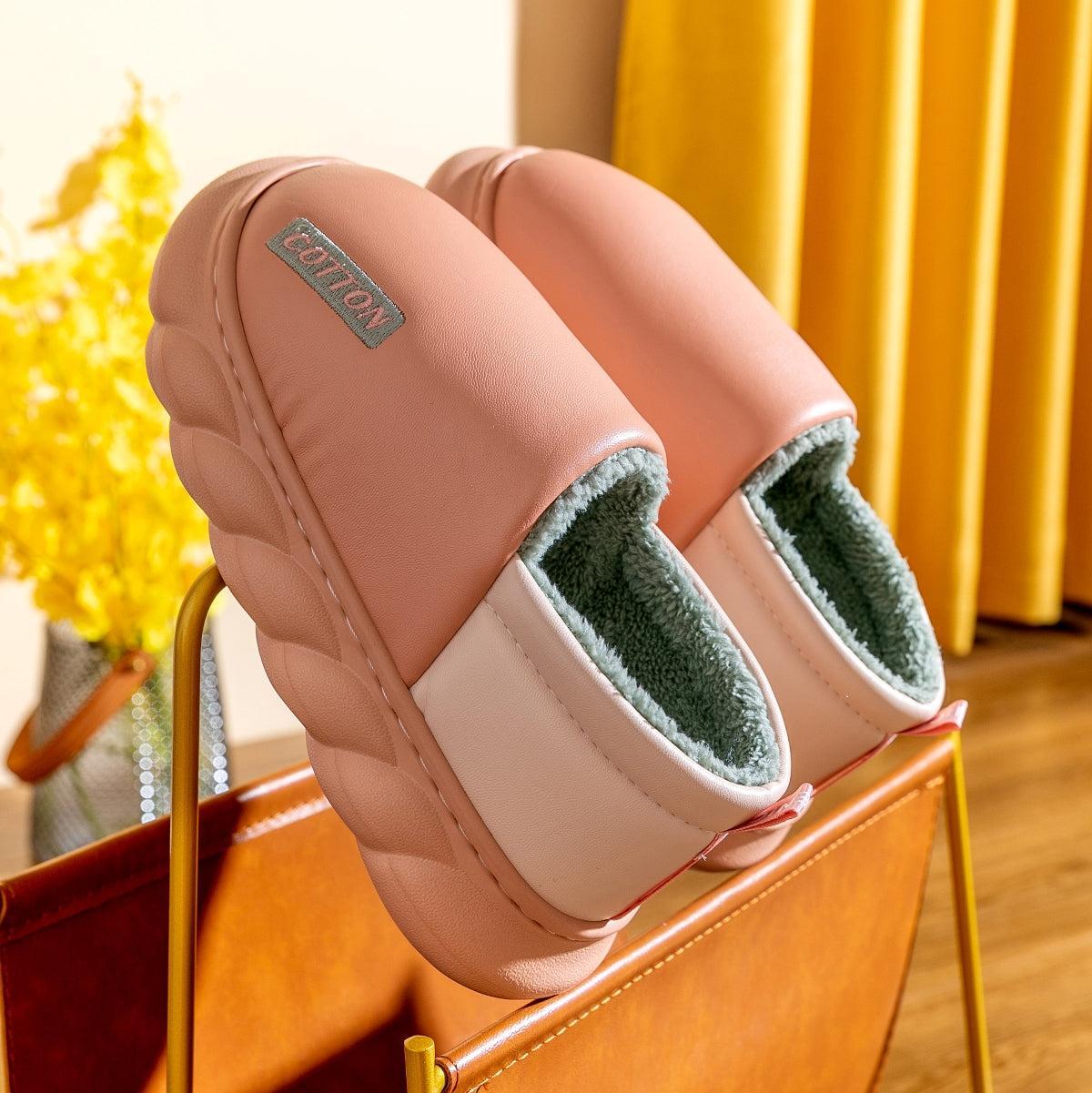 Waterproof Cotton Slippers Comfortable Soft Women's Autumn and Winter PU Home Warm Platform Home Indoor Cotton Shoes Men