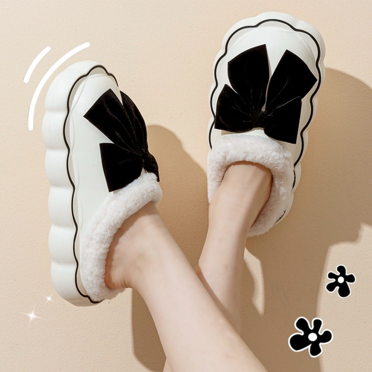 Cotton Slippers Female Winter Wear Platform Bow Indoor Home Plush Cotton Slippers Cotton Slippers