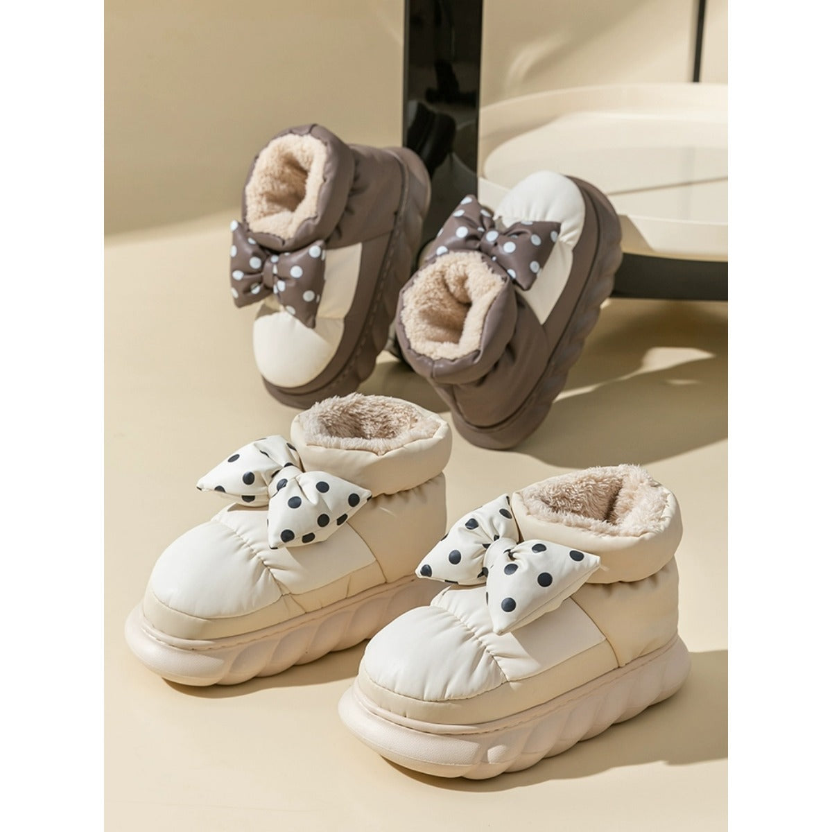 Bowknot Waterproof Cotton Slippers Women's Winter Wear 2023 New Warm Bag Heel High-Top Platform Cotton Shoes