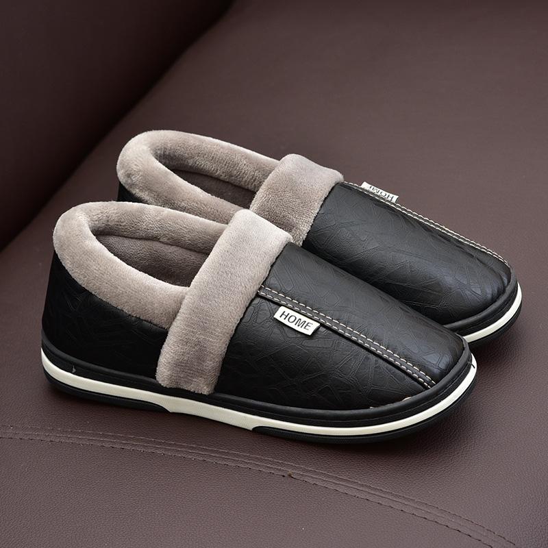 Winter Cotton Slippers Women's Bag with Couple Home Indoor Home Waterproof Non-Slip PU Leather Confinement Shoes Men's Warm Slugged Bottom