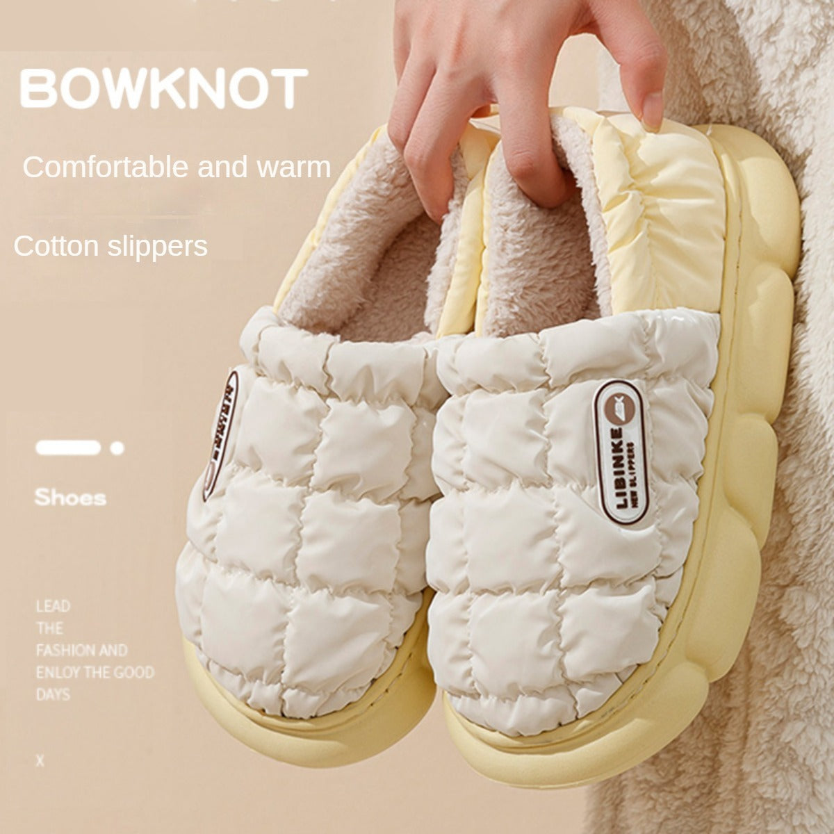 Raise the Bottom Cotton Slippers Women's Winter Waterproof Indoor Warm Fleece-Lined Outer Wear Ins Trendy Chessboard Non-Slip Cotton Shoes