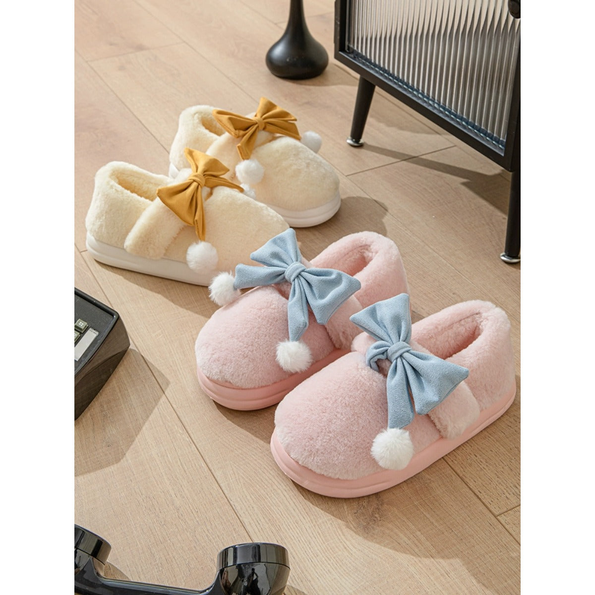 Bowknot Cotton Slippers for Women Autumn and Winter 2023 New Indoor Home Cute Warm Slugged Bottom Plush Cotton Slippers