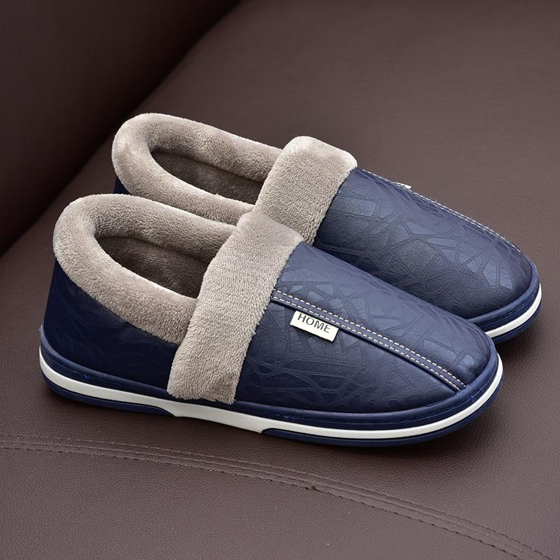 Winter Cotton Slippers Women's Bag with Couple Home Indoor Home Waterproof Non-Slip PU Leather Confinement Shoes Men's Warm Slugged Bottom